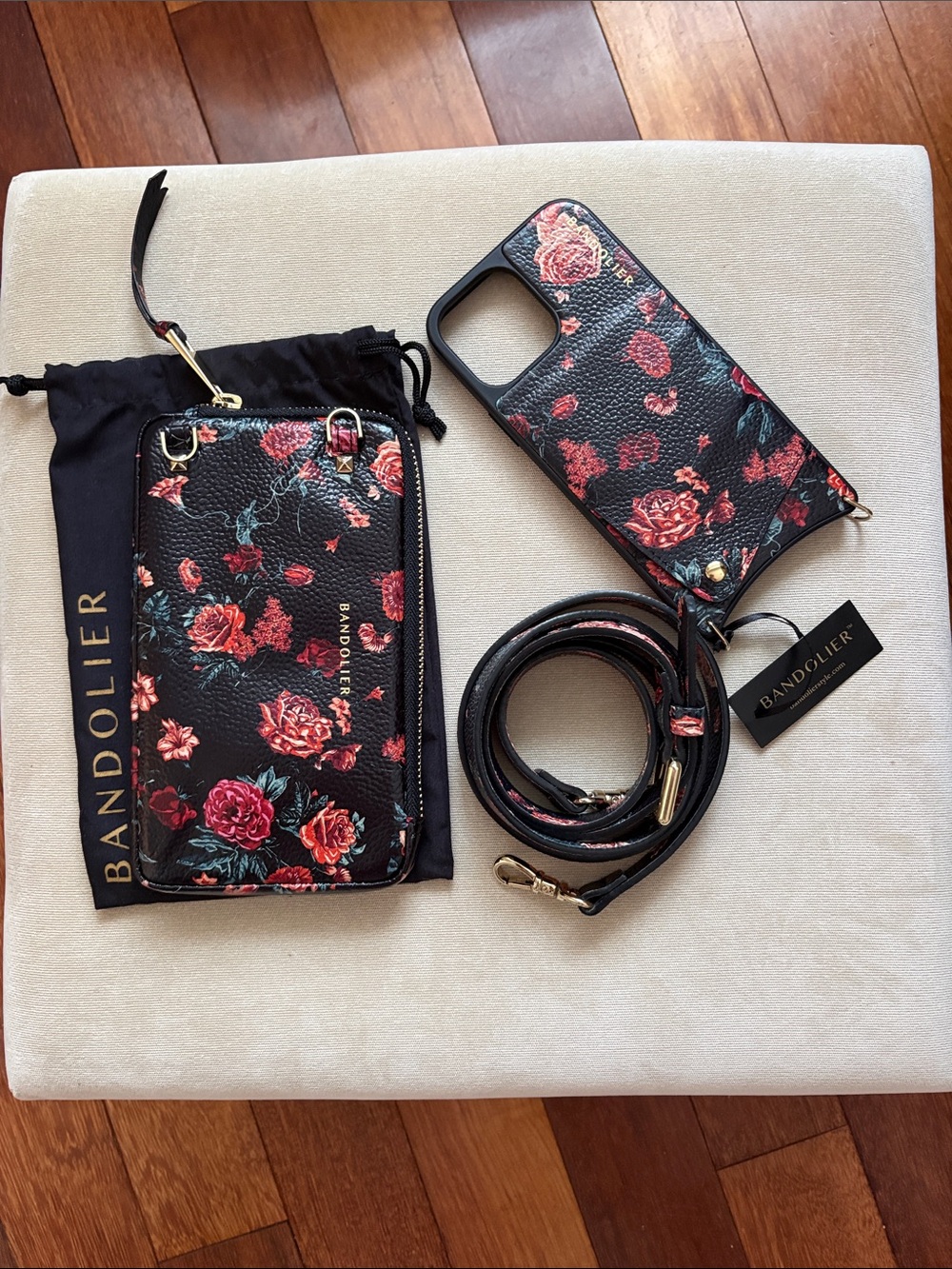 Bandolier Black Floral Crossbody Phone Wallet with Strap
